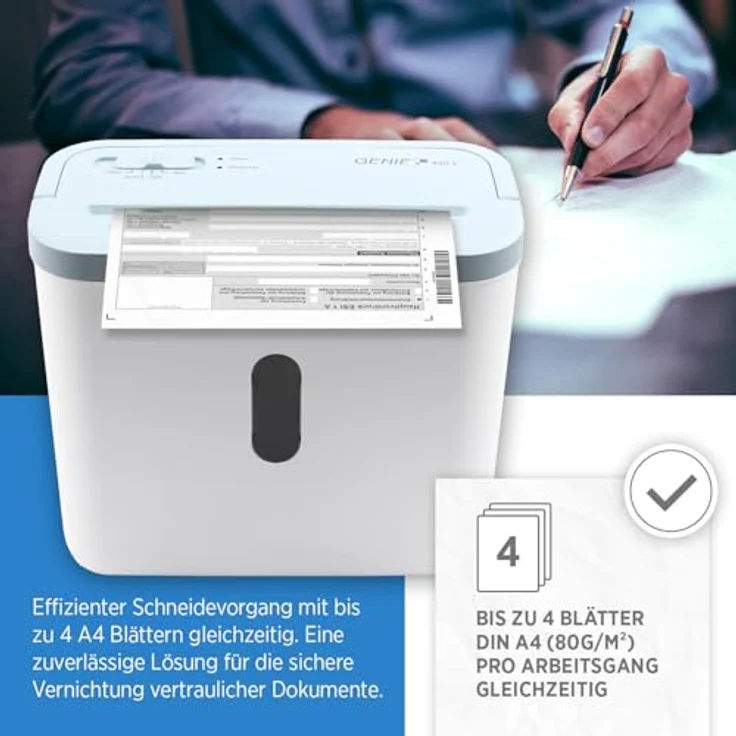GENIE 440 X Aktenvernichter | Partikelschnitt 4x38 mm | Sicherheitsstufe P-4 | Leise 72 dB | Kompakt & Mobiler Shredder | Automatische Start-/Stopp-Funktion | Überhitzungsschutz | Farbe weiß blau – Bild 3