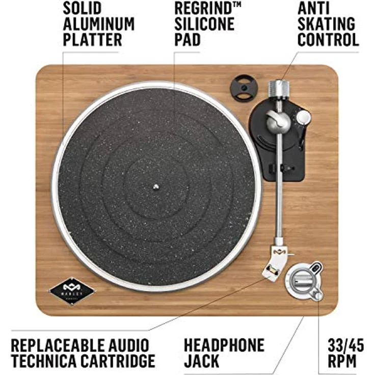 House of Marley Stir It Up Wireless Turntable Plattenspieler, Nachhaltig gefertigter Bambus Record player, Bluetooth, recycelter Rewind Stoff, USB zu PC-MAC Aufnahme, Staubschutz, bambus-schwarz – Bild 2
