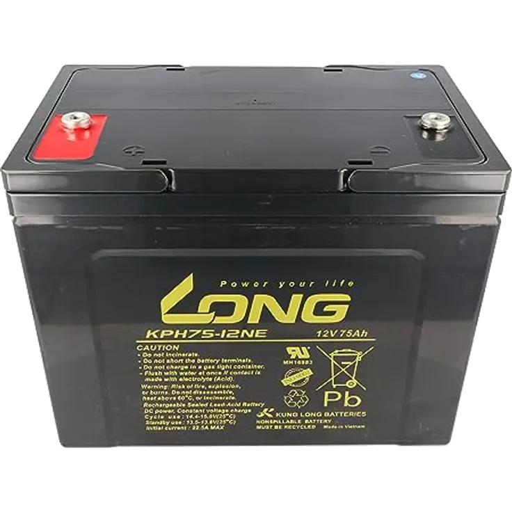 Kung Long KPH75-12NE, Blei Akku 12 Volt 75Ah mit M6 Innengewinde, wartungsfrei und zyklenfest, schwarz