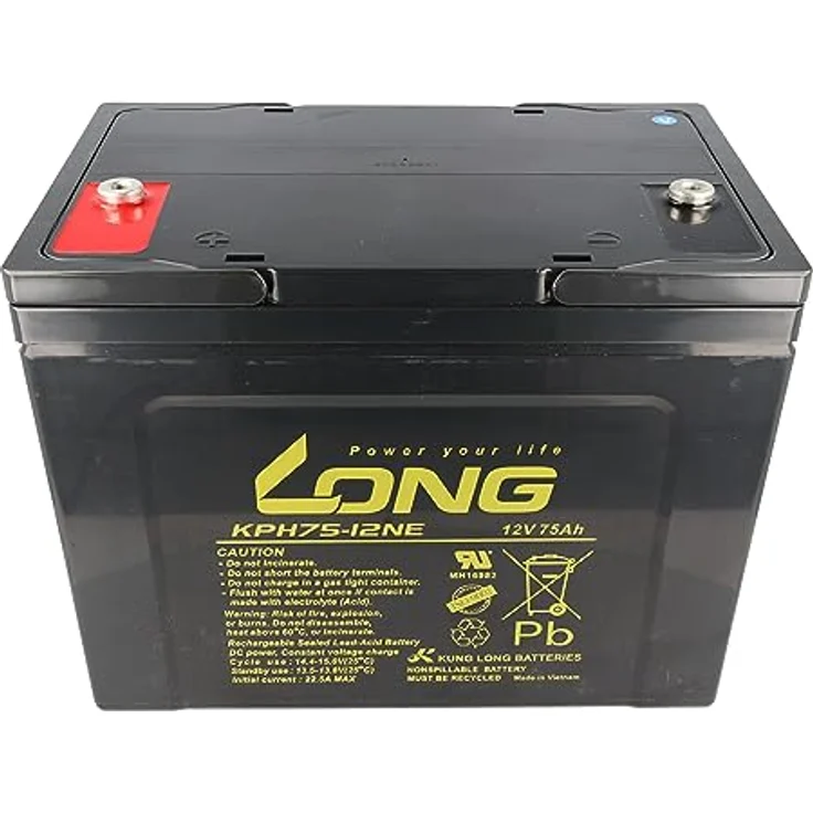 Kung Long KPH75-12NE, Blei Akku 12 Volt 75Ah mit M6 Innengewinde, wartungsfrei und zyklenfest, schwarz – Bild 1