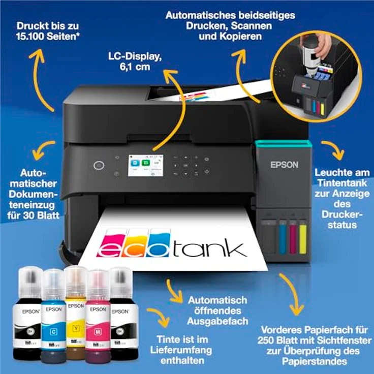 Epson EcoTank ET-3950, Multifunktionsdrucker Tintenstrahl A4 mit WLAN, LAN, USB und kosteneffizienten Tintentanks – Bild 2