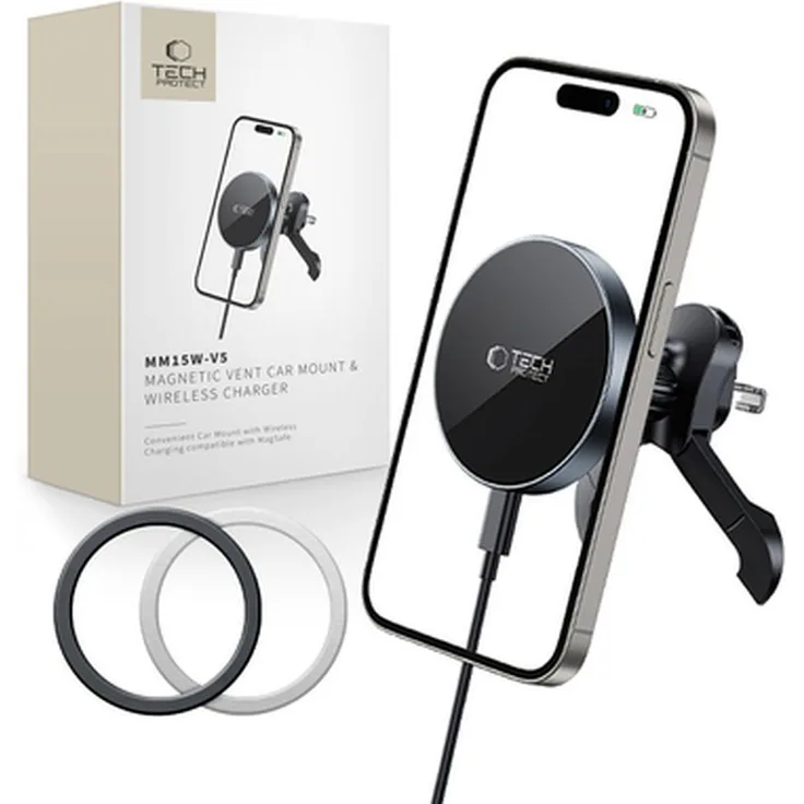 Tech-Protect MM15W-V5, Magnetisches Magsafe Stabilitäts-Autohalterung mit 15W kabellosem Ladegerät, Schwarz/Schwarz