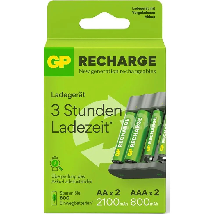 GP Batteries Batterie-Ladegerät B441 mit 4 Akkus, 2 x Micro AAA 800 mAh und 2 x Mignon AA 2100 mAh, kompaktes design, USB-Ladekabel, Schnellladefunktion, LED-Stromanzeige