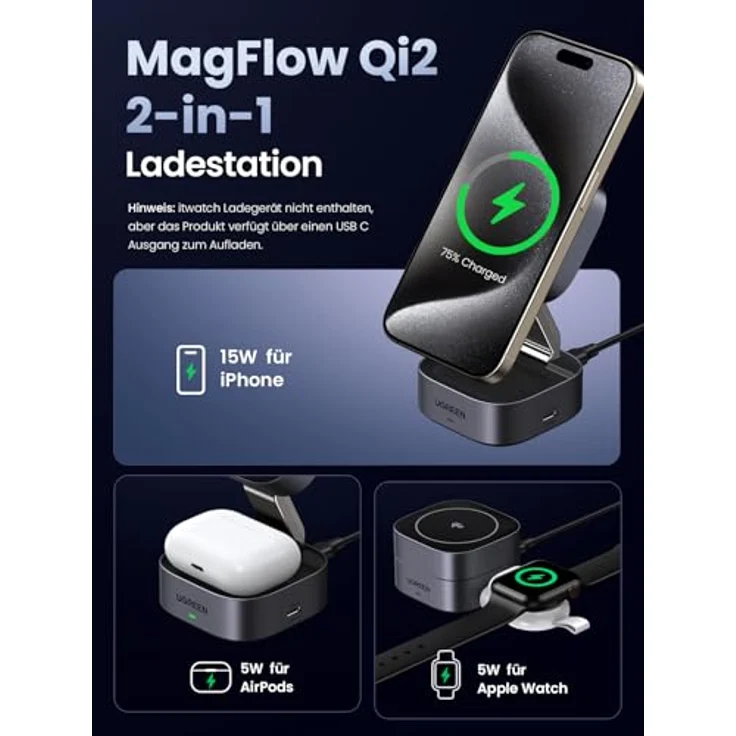 UGREEN MagFlow Qi2 zertifizierte 15W 2 in 1 Ladestation mit MagSafe für iPhone 16/15/14/13, AirPods 2/3, faltbar (Schwarz) – Bild 3