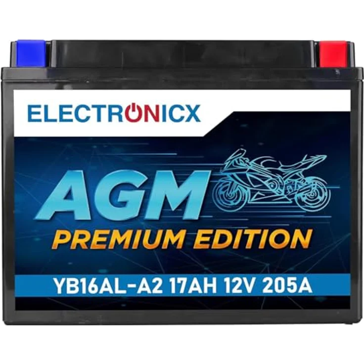Electronicx AGM-YB16AL-A2 AGM Motorradbatterie 17Ah 12V, wartungsfrei, rüttelfest, auslaufsicher für Motorrad, Roller, Quad und ATV – Bild 1