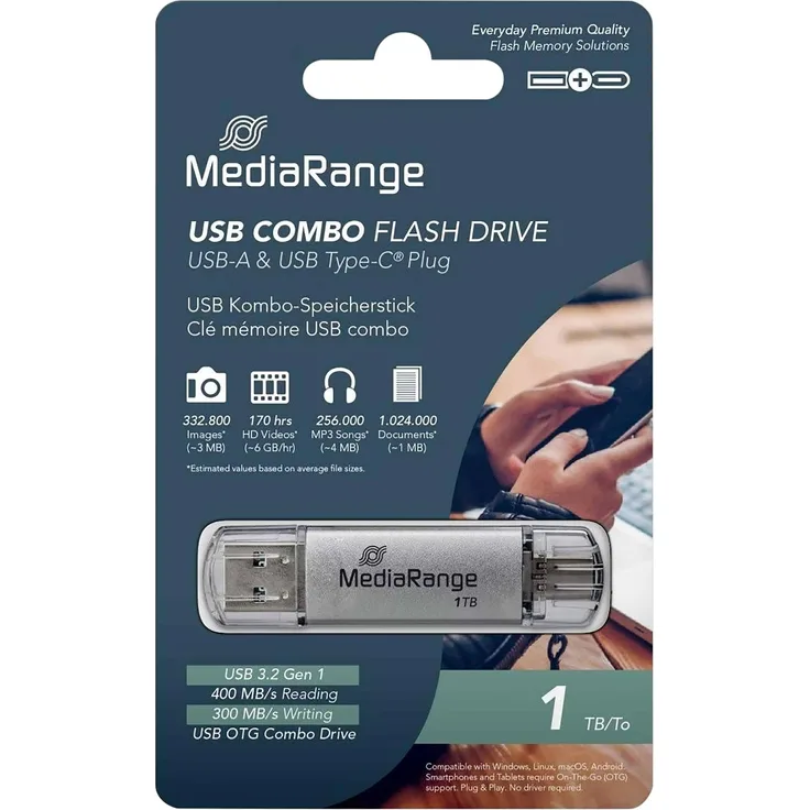 MediaRange USB 3.2 Gen 1 Kombo Flash-Laufwerk, 1TB (1000 GB), USB-A und USB-C, mit Schutzkappen, Silber