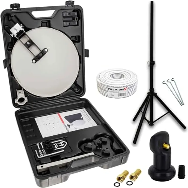 PremiumX Camping SAT Anlage, Antenne mit Stativ und Single LNB, 10m Kabel im Transportkoffer, robust und platzsparend