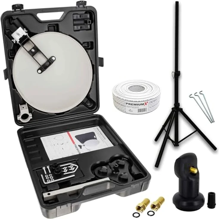 PremiumX Camping SAT Anlage, Antenne mit Stativ und Single LNB, 10m Kabel im Transportkoffer, robust und platzsparend – Bild 1