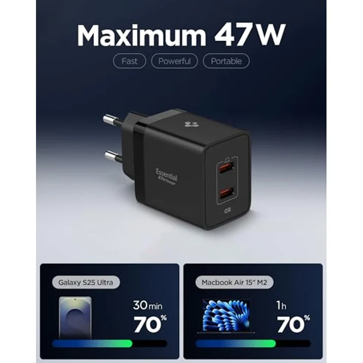 Spigen ArcStation Essential GaN 47W 2-Port USB-C Ladegerät, PPS Schnellladegerät mit PD 3.0 für iPhone 17/16/15 Pro Max, Galaxy S25 Ultra, iPad - Schwarz – Bild 2