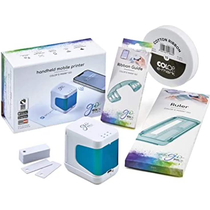 Colop e-Mark go Set. Bestehend aus dem mobilen Drucker e-Mark GO, Lineal, Führungsschiene für Bänderbedruckung, Band 15 mm, sowie PVC-Schilder zur Schilderbedruckung und Broschüre. weiß
