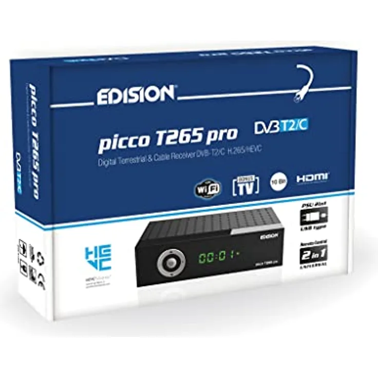 Edision Picco T265 pro Terrestrischer & Kabel Receiver DVB-T2/C H265 HEVC FTA Full HD PVR, USB, HDMI, SCART, S/PDIF, IR-Auge, USB WiFi Support, Universal 2in1 Fernbedieung, 2in1 Netzteil Schwarz