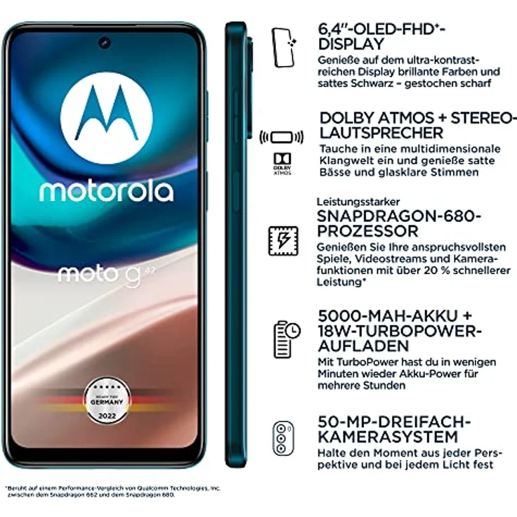Motorola moto g42 Smartphone (6,4"-FHD+-Display, 50-MP-Kamera, 4/128 GB, 5000 mAh, Android 12), Atlantic Green, inkl. Schutzcover  – Bild 2