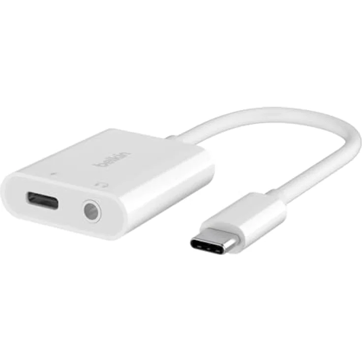 Belkin RockStar 3,5mm Audio- und USB-C Ladeadapter, 60W Schnellladung, kompakt, weiß – Bild 1