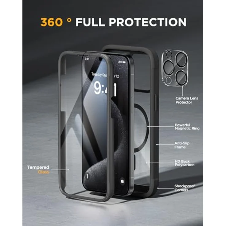 Miracase Glas Serie iPhone 15 Pro Max Hülle mit MagSafe, 360° Militärschutz & Kameraschutz, stark magnetisches Case, schwarz – Bild 2