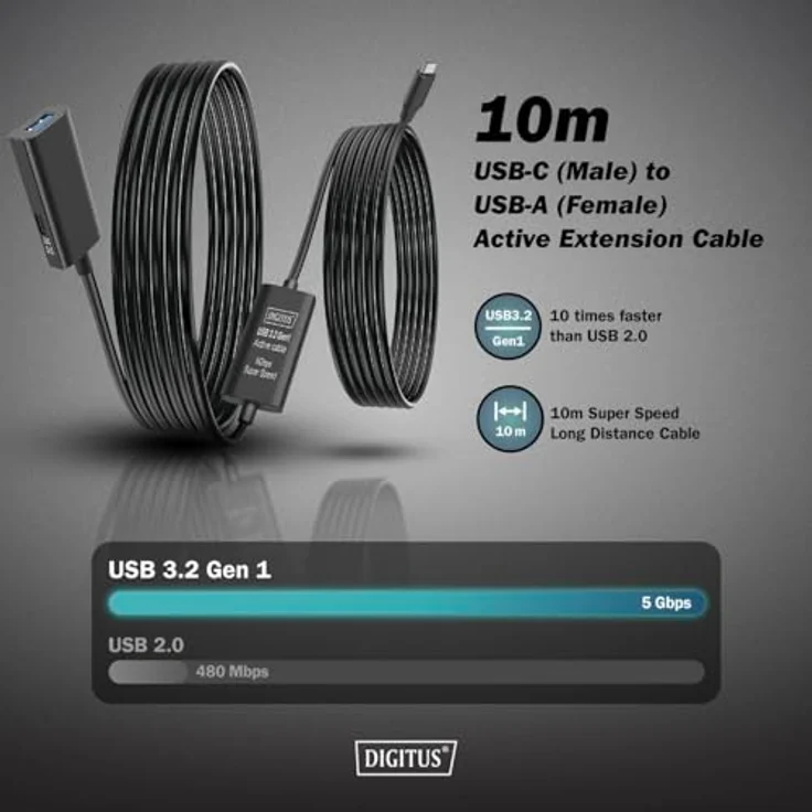 DIGITUS Aktives USB Verlängerungskabel - USB-A Buchse zu USB-C Stecker - 10 m - USB 3.2 Gen1-5 Gbit/s - Plug & Play - mit Signalverstärker - Schwarz – Bild 2