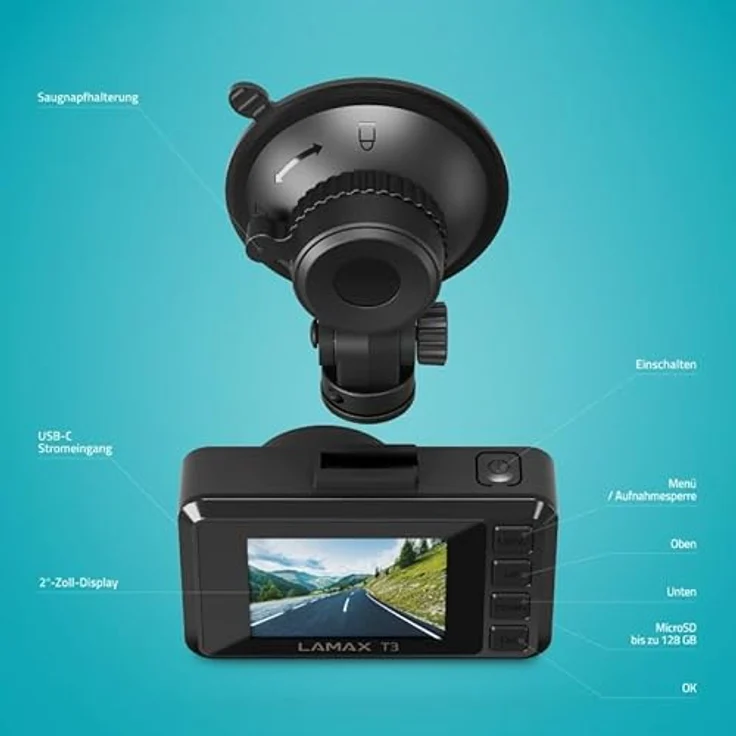Lamax T3, Einfach zu bedienende Autokamera mit echtem Full HD, Automatischem, Manuellem Schussschutz, langlebigem Superkondensator, Praktischer Saughalter, Deutsches Menü – Bild 3