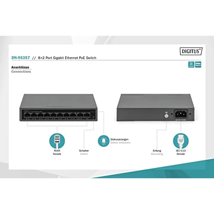 DIGITUS 10 Port Gigabit Ethernet PoE Switch - Unmanaged - 8 RJ45 PoE Ports + 2 RJ45 Ports - 60W PoE-Budget - CCTV-Modus - 10/100/1000 Mbps - schwarz – Bild 2