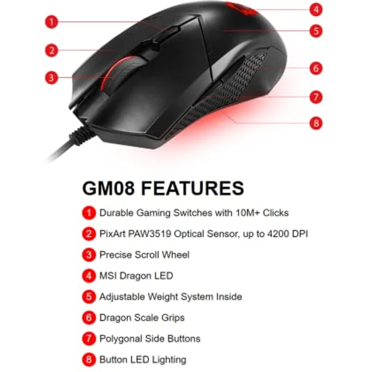 MSI CLUTCH GM08 Optical Gaming Mouse ''4200 DPI Optical Sensor, 6 Programmable button (Kabelgebunden), Maus, Schwarz – Bild 7