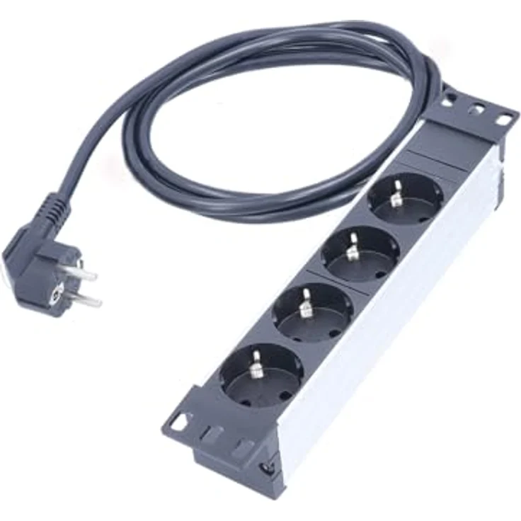 as Schwabe 10" Alu-Steckdosenleiste 4-Fach, 2 m H05VV-F 3G1,5, mit Haltern, 230V/16A/3500W, für Serverschränke, schwarz/Silber, IP20 – Bild 1