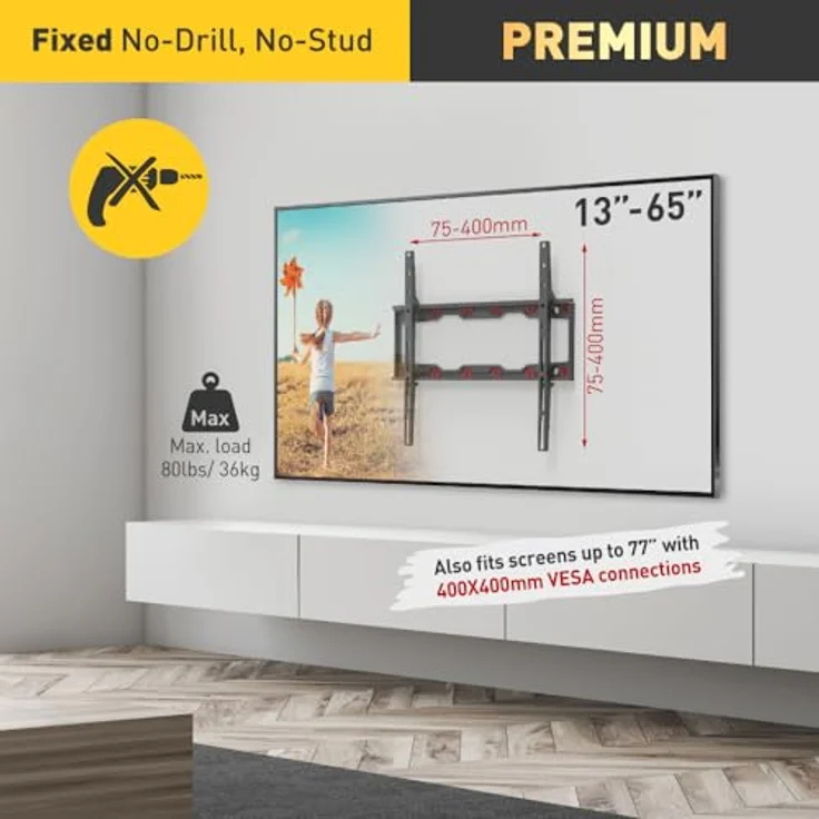 Barkan Mounting Systems ND300, Feste Wandhalterung für 19 bis 65 Zoll Bildschirme, VESA 75x75 bis 400x400 mm, Max. 37 kg, Schwarz – Bild 3
