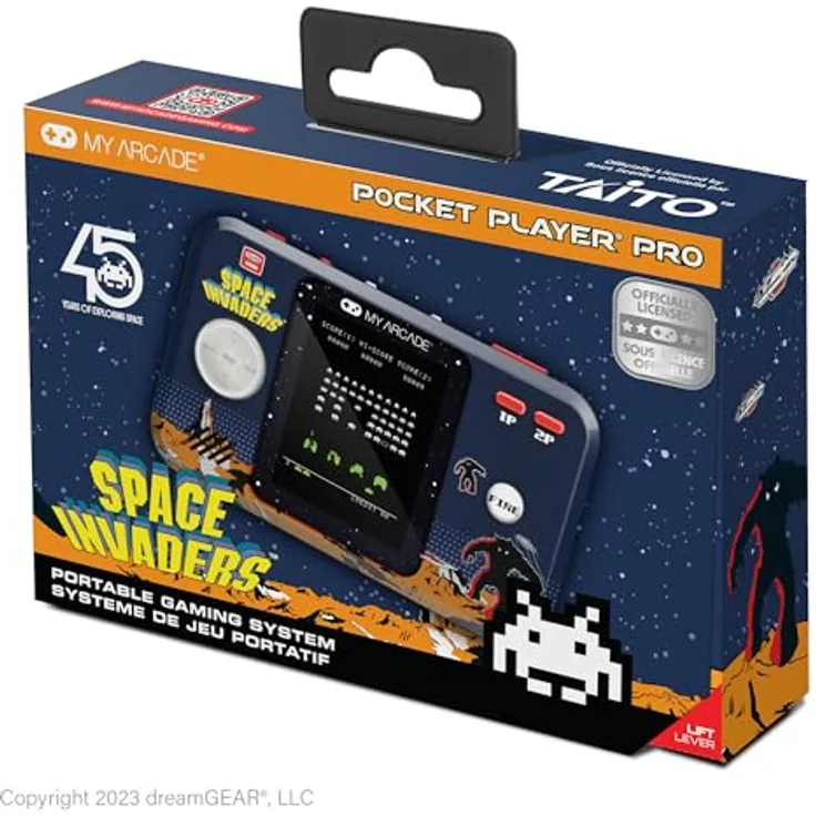 My Arcade SPACE INVADERS POCKET PLAYER PRO, Handheld-Arcade-Gaming-System mit 2.75 Zoll hochauflösendem Display, integriertem Lautsprecher und USB-C-Stromversorgung