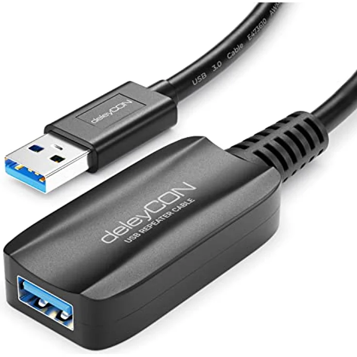 deleyCON Aktives USB 3.2 Gen1 Verlängerungskabel, 5m mit 5 GBit/s und Signalverstärker - USB-A auf A, für PC, Laptop, Drucker und Scanner – Bild 1