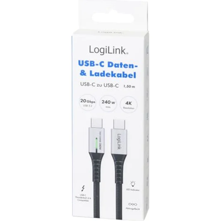 LogiLink CU0443 USB3.2 Kabel USB-C M/USB-C M, 240W Power Delivery, 4K 60Hz, 1,5m, schwarz, mit LED-Anzeige und Metallsteckern – Bild 8