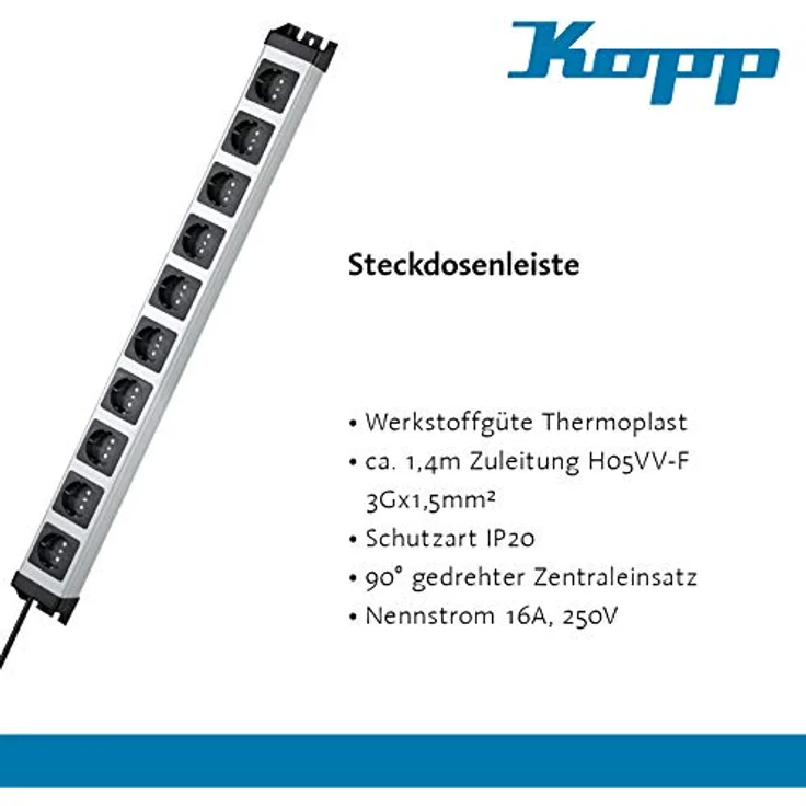Kopp POWERversal 10-fach Steckdosenleiste 1,4m mit großem Steckdosen-Abstand I Mehrfach-Steckdose anschraubbar mit Berührungsschutz I Mehrfachstecker Innenbereich I Silber – 227120011 – Bild 5