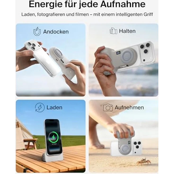 Belkin Stage PowerGrip, Magnetischer Kameragriff mit 9300mAh Powerbank, Bluetooth, Stativaufsatz und einziehbarem USB-C-Kabel, Handyladegerät für iPhone und Pixel – Bild 2