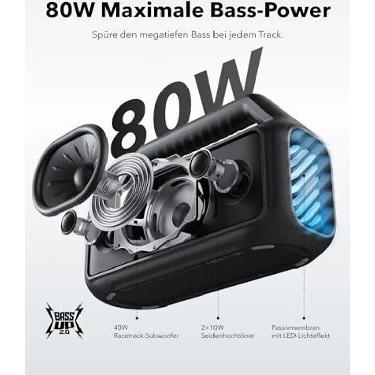 soundcore by Anker, Boom 2 Outdoor-Lautsprecher, 80W, Subwoofer, BassUp 2.0, 24h Akku, IPX7 Wasserdicht & Schwimmt, LED-Licht, USB-C, EQ, BT 5.3, Mobiler Bluetooth-Speaker, Camping, Strand, Garten, Schwarz – Bild 2