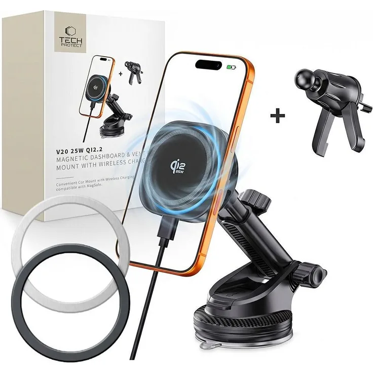 Tech-Protect V20 Arcticboost, Magnetische MagSafe Auto Halterung mit 25W Qi2.2 Wireless Charger, schwarz, aktive Kühlung, verstellbarer Arm