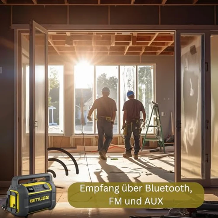 Muse M-928 BTY Baustellenradio, robust, Staub- und spritzwassergeschützt (IP64), mit Bluetooth und UKW Radio, integriertem Ladegerät und USB-C-Anschluss, schwarz-gelb – Bild 2