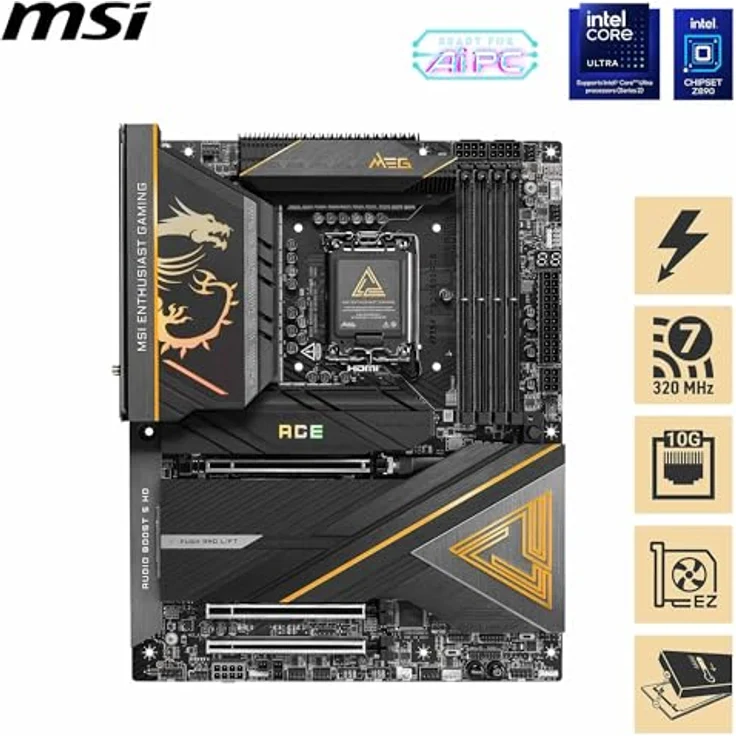 MSI MEG Z890 ACE Mainboard, ATX - Unterstützt Intel Core Ultra Prozessoren (Series 2), LGA 1851-110A SPS VRM, DDR5-Speicher (9200+MT/s OC), PCIe 5.0 & 4.0 x16, M.2 Gen5, Thunderbolt 4, Wi-Fi 7 - Schwarz – Bild 2