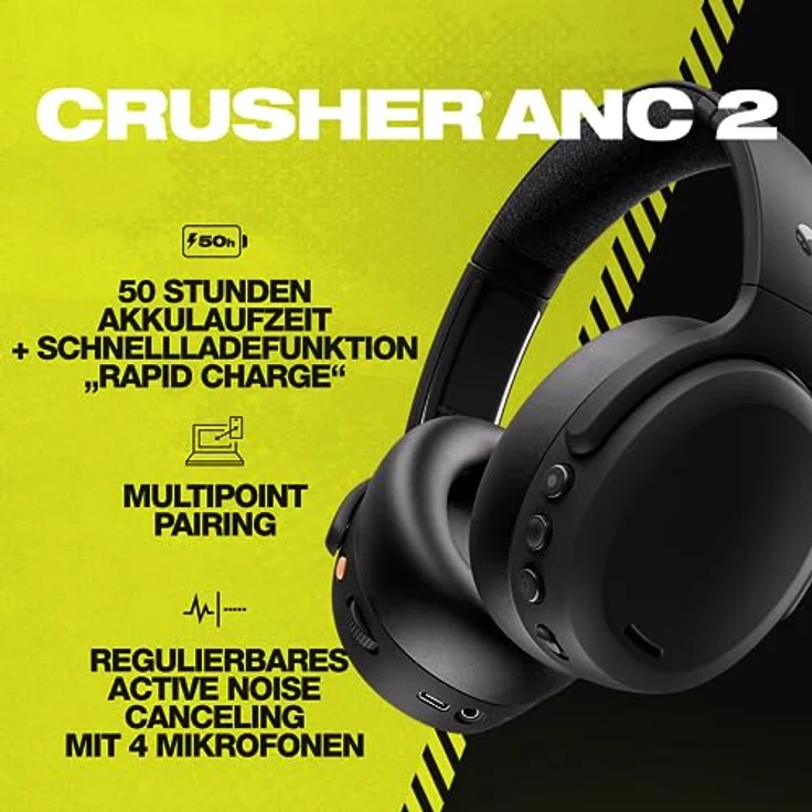 Skullcandy Crusher ANC 2 Noise-Cancelling-Kopfhörer mit Bluetooth / 50 Std. Akku/besonders satte Bässe/für Android und iPhone/mit Mikrofon/kabelloser Noise-Cancelling-Kopfhörer – Schwarz – Bild 2
