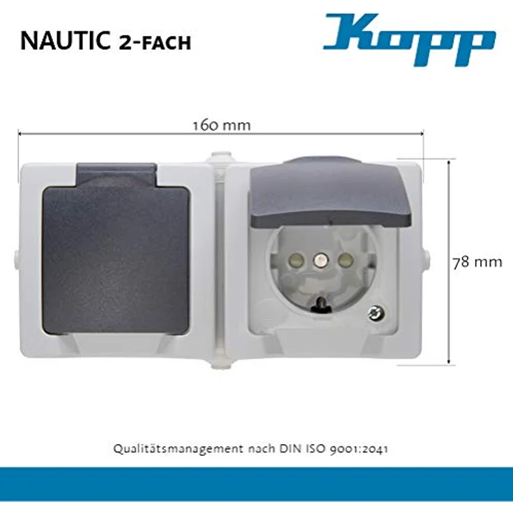Kopp NAUTIC 2-fach Schutzkontakt-Steckdose mit Klappdeckel, grau - Aufputz Feuchtraumsteckdose IP44, 16A / 250V~, erhöhter Berührungsschutz – Bild 3