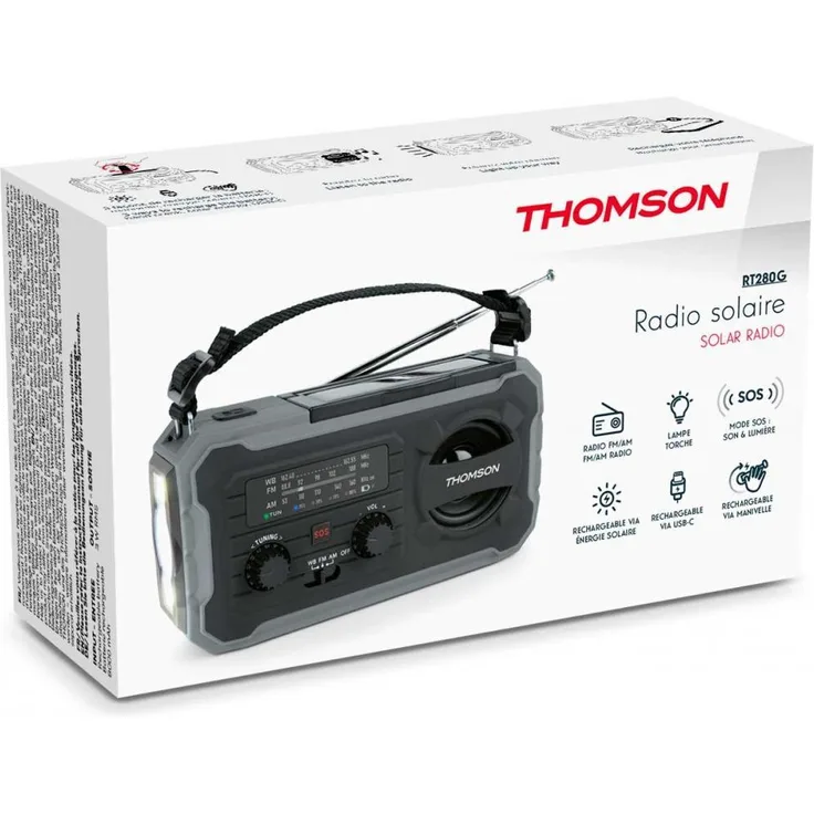 Thomson Notfallradio RT280, Solar Taschenlampe Powerbank mit SOS-Funktion, grau, USB-Ladebuchse, digitale Anzeige, AM/FM Empfang