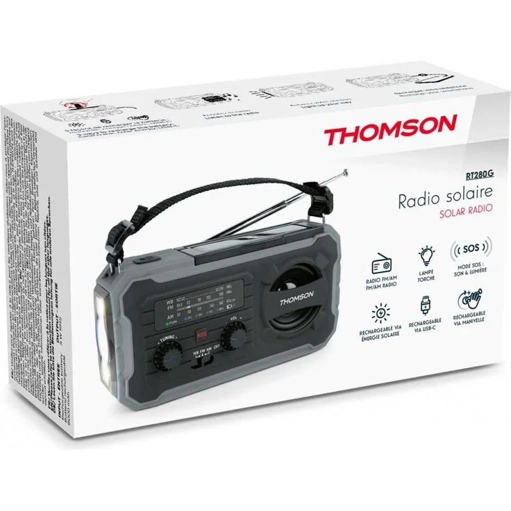 Thomson Notfallradio RT280, Solar Taschenlampe Powerbank mit SOS-Funktion, grau, USB-Ladebuchse, digitale Anzeige, AM/FM Empfang