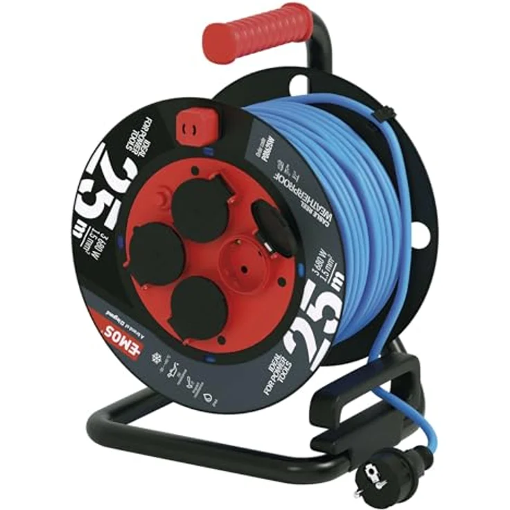 EMOS frostsichere Outdoor-Kabeltrommel 25m, 1,5 mm2 Silikon-Isolierung, 4 Schuko, IP44 wasserdicht, blau – Bild 1