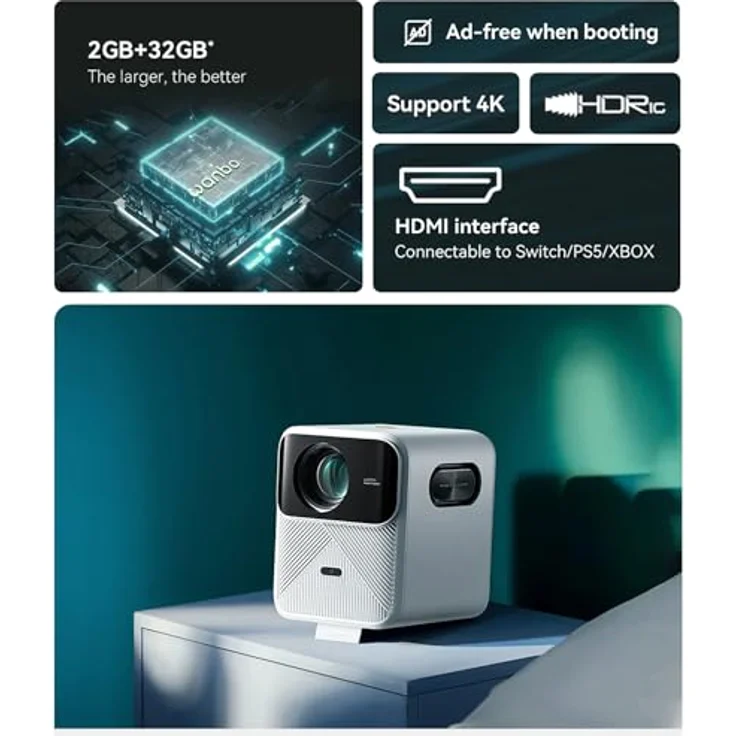 WANBO Mozart 1 Full HD Native 1080P, 4K HDR, 900 ANSI | HDMI Arc | Projektor für Zuhause | Android 2G + 32G | Auto (Focus + Keystone + Hindernisse) | Staubdicht | 16 W Speaker | WiFi 6, BT, schwarz - Preisvergleich – Bild 4