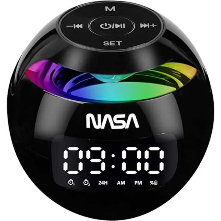 NASA Wecker SP200, Bluetooth-Lautsprecher mit 3 W, Dual-Alarm, LED-Licht und USB-C-Ladekabel