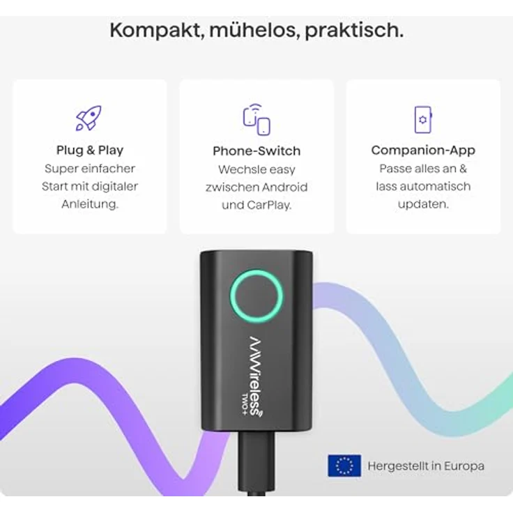 AAWireless Two+ 2-in-1 Adapter für Android Auto & Apple Carplay, kabellose Bluetooth- und WiFi-Verbindung, geeignet für iOS 10+ & Android 11+, ultrakompakt, Made in Europe – Bild 3