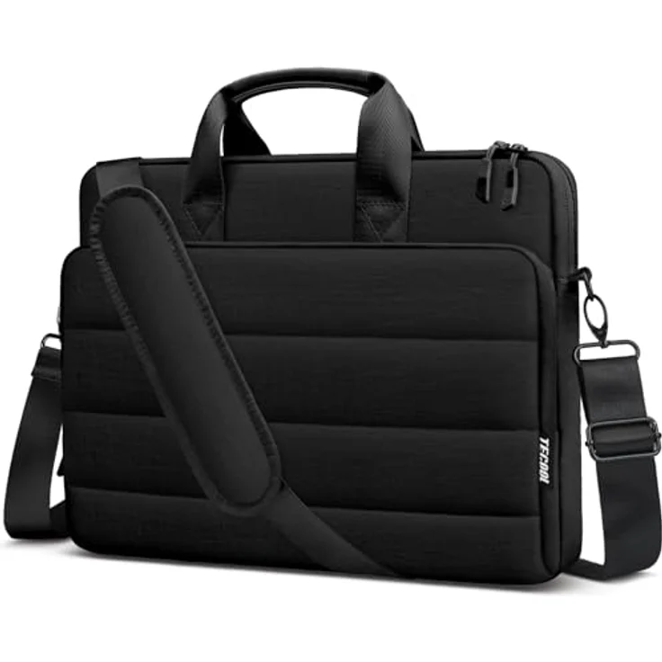 TECOOL 15,6 Zoll Laptoptasche, Puffy Aktentasche mit 360° Rundumschutz, abnehmbaren Schultergurt und praktischem Zubehörfach, schwarz – Bild 1