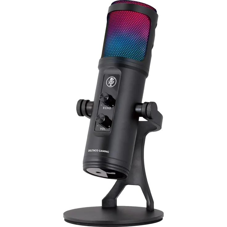 Deltaco Gaming RGB Microphone, Streaming-Mikrofon mit Nierencharakteristik und einstellbarem Winkel, Schwarz mit RGB-Beleuchtung