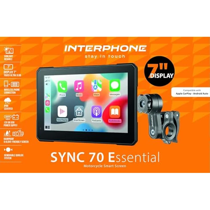 Interphone SYNC70 ESSENTIAL SMART DISPLAY, 7" Fahrzeugnavigation mit CarPlay/Android Auto, IP66-wasserdicht, 256 GB Speicher – Bild 4