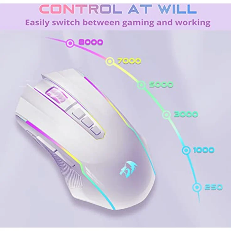 Redragon RGB Gaming Maus, kabellose Wiederaufladbare mit 8000 DPI, 9 programmierbaren Tasten, ergonomisches Design, Weiß – Bild 4