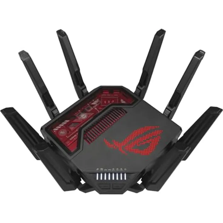 ASUS ROG Rapture GT-BE19000 Tri-Band WiFi 7 Gaming Router (320MHz Bandbreite & 4096-QAM, MLO, Zwei 10G Ports, AI WAN Erkennung, Triple-Level Game Acceleration, Gaming Network, Aura RGB, AiMesh) - Ultraschnelles WiFi 7, 19 Gbit/s, 6-GHz-Band, 10G Ports, Quad-Core-CPU, RangeBoost Plus