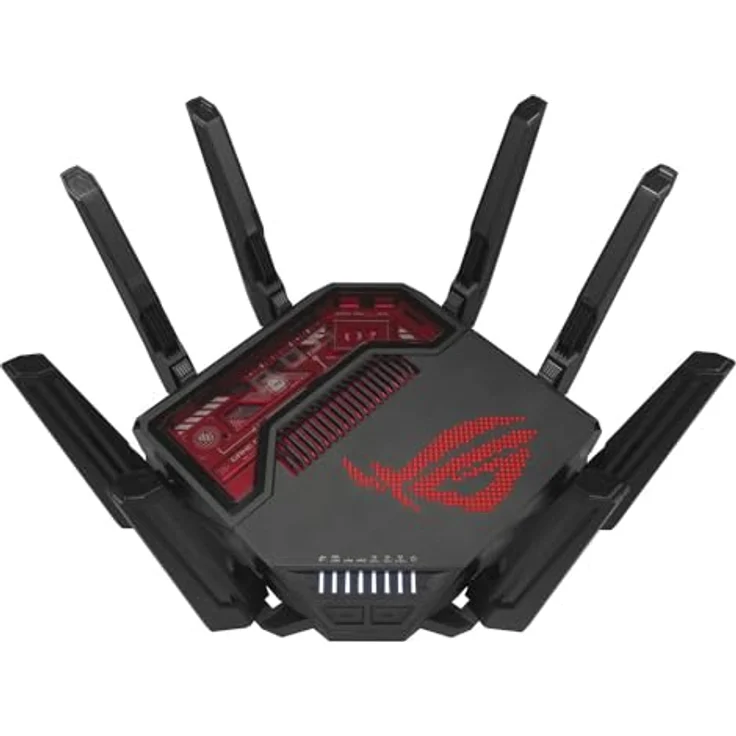 ASUS ROG Rapture GT-BE19000 Tri-Band WiFi 7 Gaming Router (320MHz Bandbreite & 4096-QAM, MLO, Zwei 10G Ports, AI WAN Erkennung, Triple-Level Game Acceleration, Gaming Network, Aura RGB, AiMesh) - Ultraschnelles WiFi 7, 19 Gbit/s, 6-GHz-Band, 10G Ports, Quad-Core-CPU, RangeBoost Plus – Bild 1