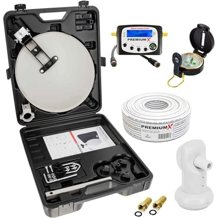 PremiumX Camping SAT Anlage, Satellitenschüssel mit Signalfinder, Kompass, Single LNB, 10m Kabel und F-Stecker, kompakt im Koffer – Bild 1
