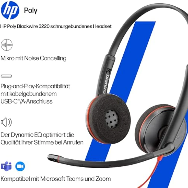 Poly Blackwire 3220 USB-C-Headset mit Noise Cancelling-Mikrofon, Stereo-Design, kompatibel mit Teams/Zoom, SoundGuard-Technologie – Bild 2