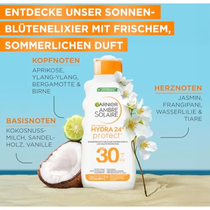 Garnier Ambre Solaire Hydra Protect+ Sonnenschutz-Milch 24h LSF 30, UVA/UVB-Schutz mit Vitamin C, 175 ml – Bild 4
